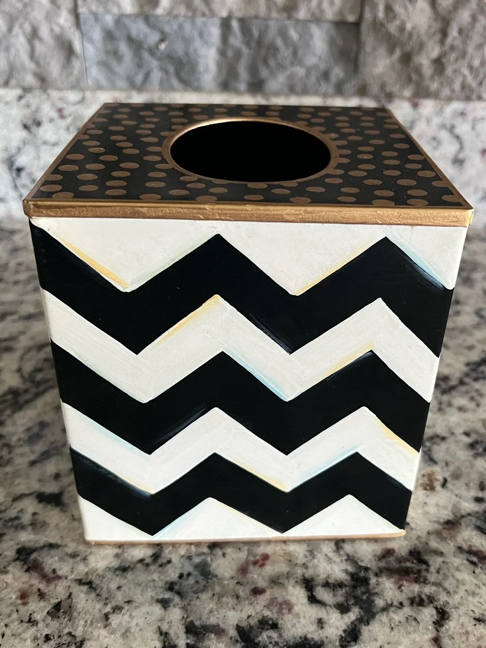 Mackenzie-Childs Black & White ZigZag & Gold Dot Boutique Tissue Box Cover.  EUC